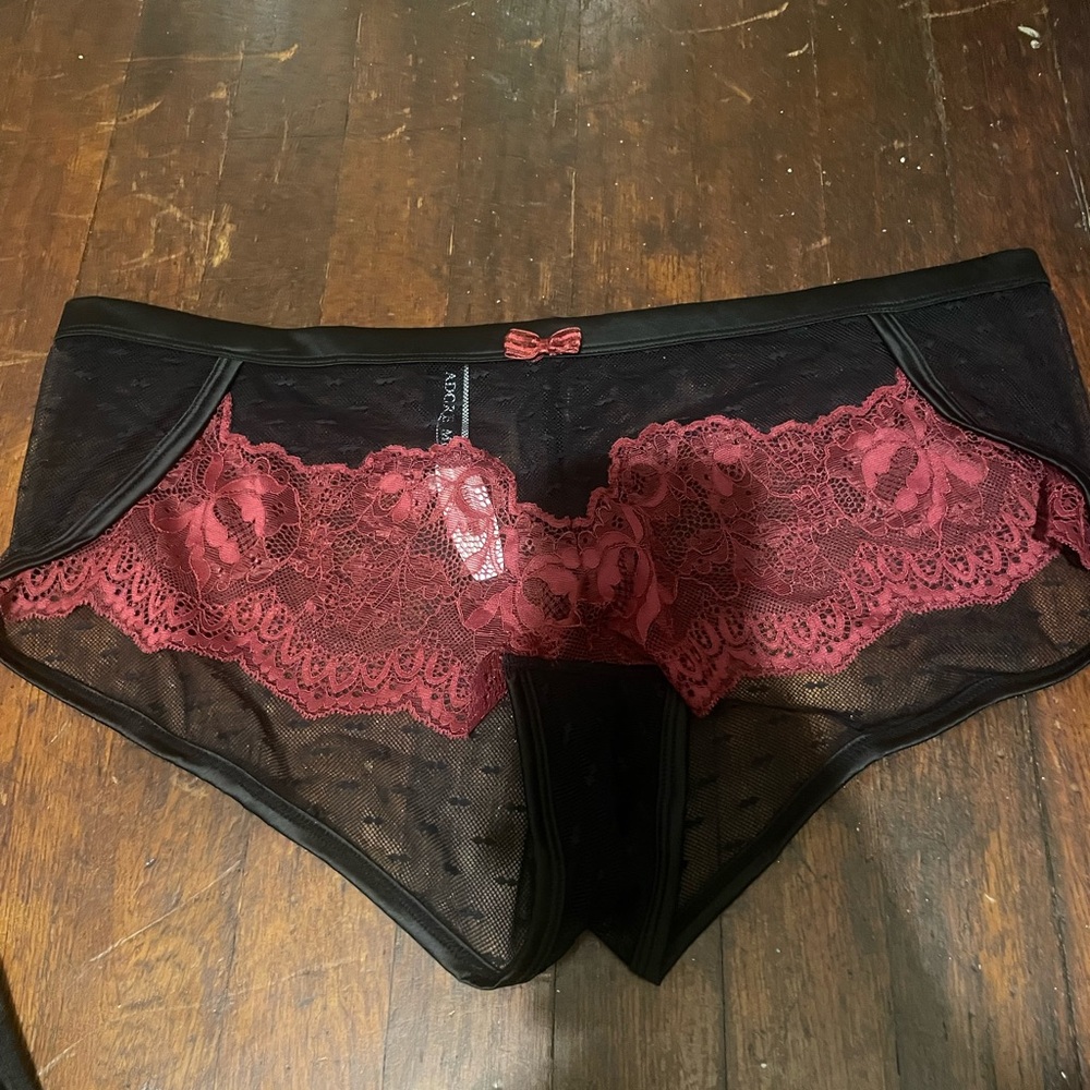 Adore Me Womens Hipster Underwear Panty Size OS Black Maroon Lace Mesh NWT.